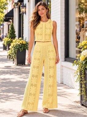 NEW Blue b Yellow Crochet Daisy Floral Button Up Sleeveless Shirt & Pants Set